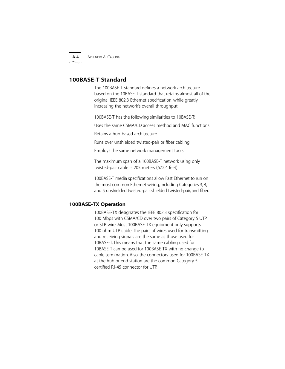 100base-t standard, 100base-tx operation, 100base-t standard a-4 | 100base-tx operation a-4 | 3Com 10/100BASE-T4 PCI User Manual | Page 47 / 72