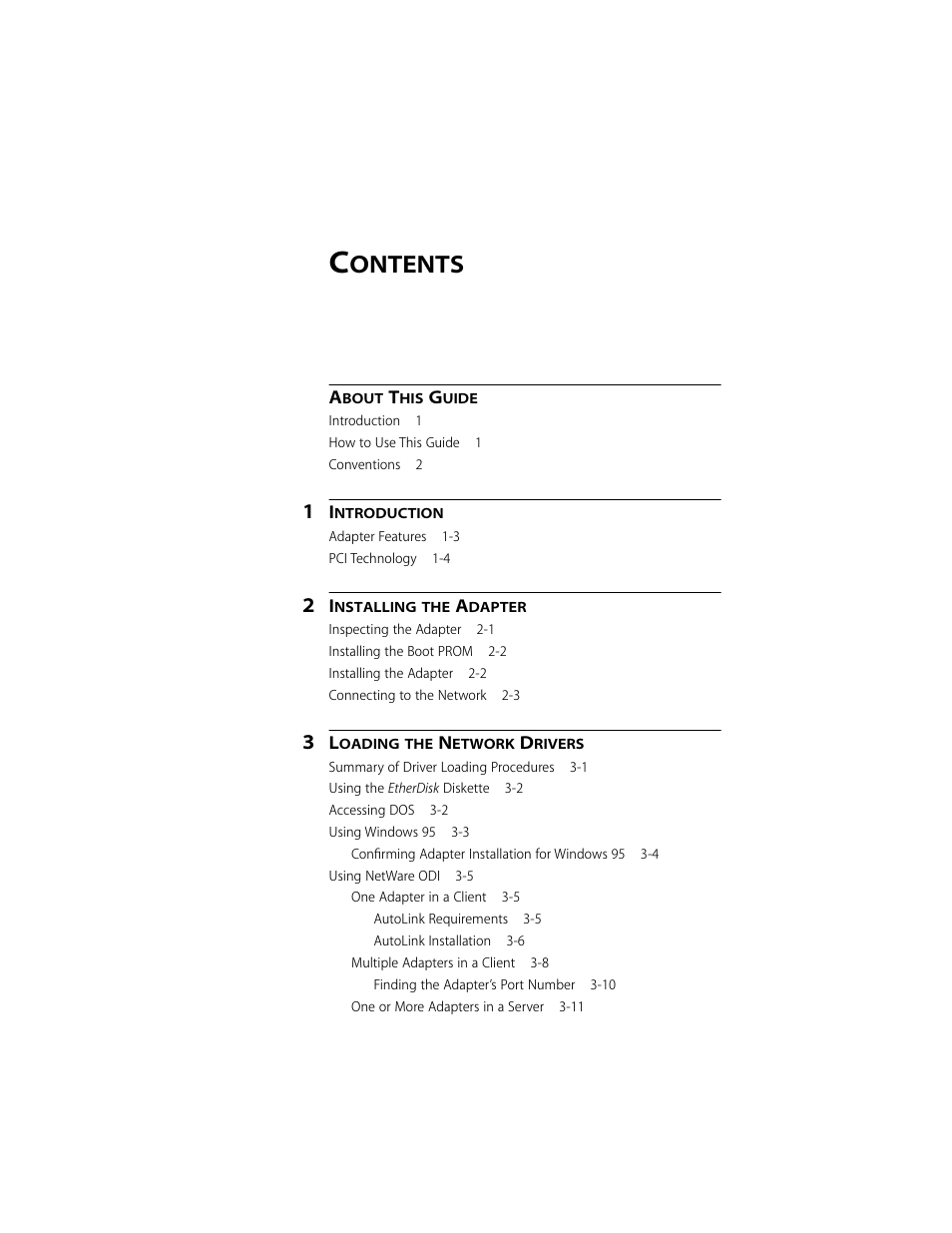 About this guide, Introduction, Installing the adapter | Loading the network drivers, Ontents | 3Com 10/100BASE-T4 PCI User Manual | Page 5 / 72