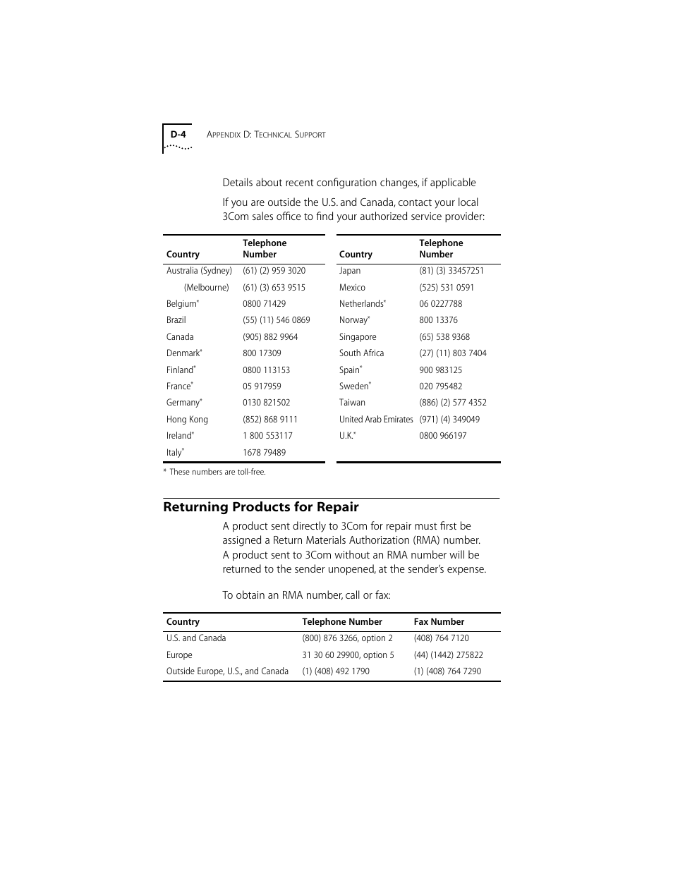 Returning products for repair, Returning products for repair d-4 | 3Com 10/100BASE-T4 PCI User Manual | Page 59 / 72