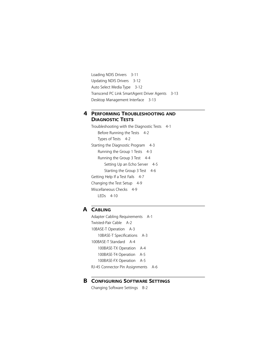 Performing troubleshooting and diagnostic tests, Cabling, Configuring software settings | 3Com 10/100BASE-T4 PCI User Manual | Page 6 / 72