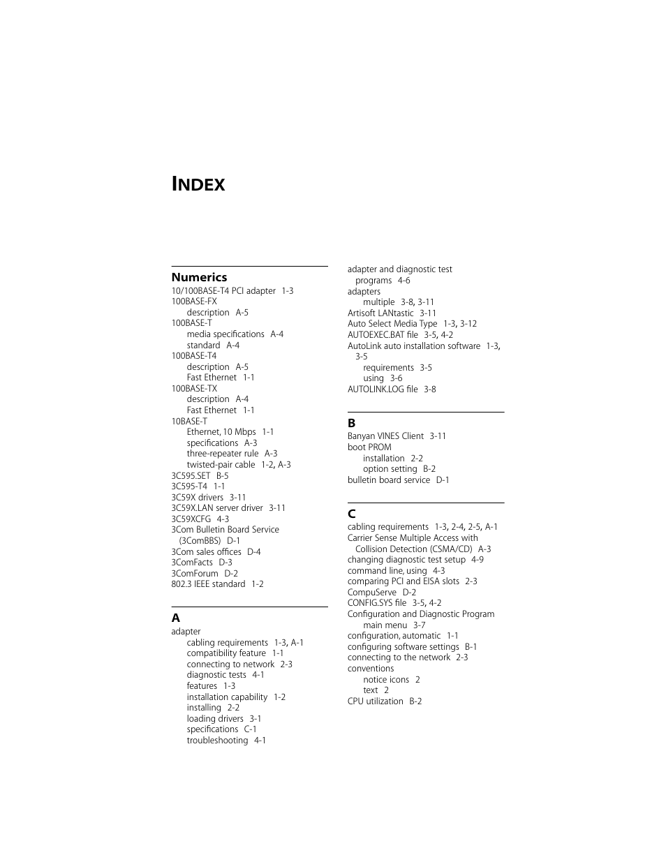 Index, Ndex | 3Com 10/100BASE-T4 PCI User Manual | Page 65 / 72