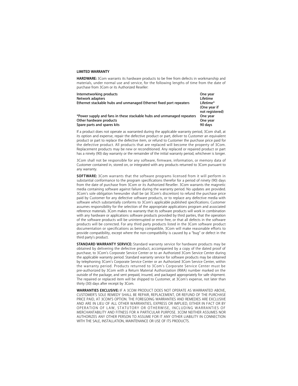 Limited warranty, Imited, Arranty | 3Com 10/100BASE-T4 PCI User Manual | Page 69 / 72