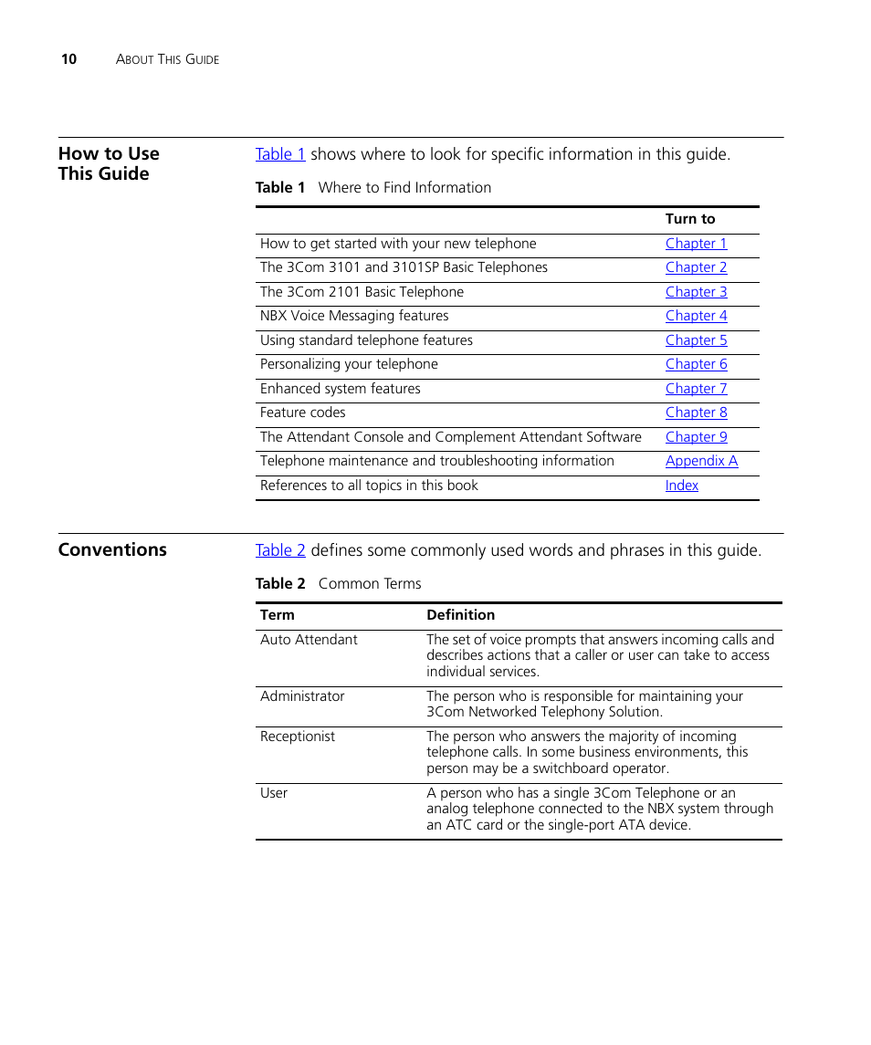 Conventions, How to use this guide 10 conventions 10 | 3Com NBX 3101SP User Manual | Page 10 / 154