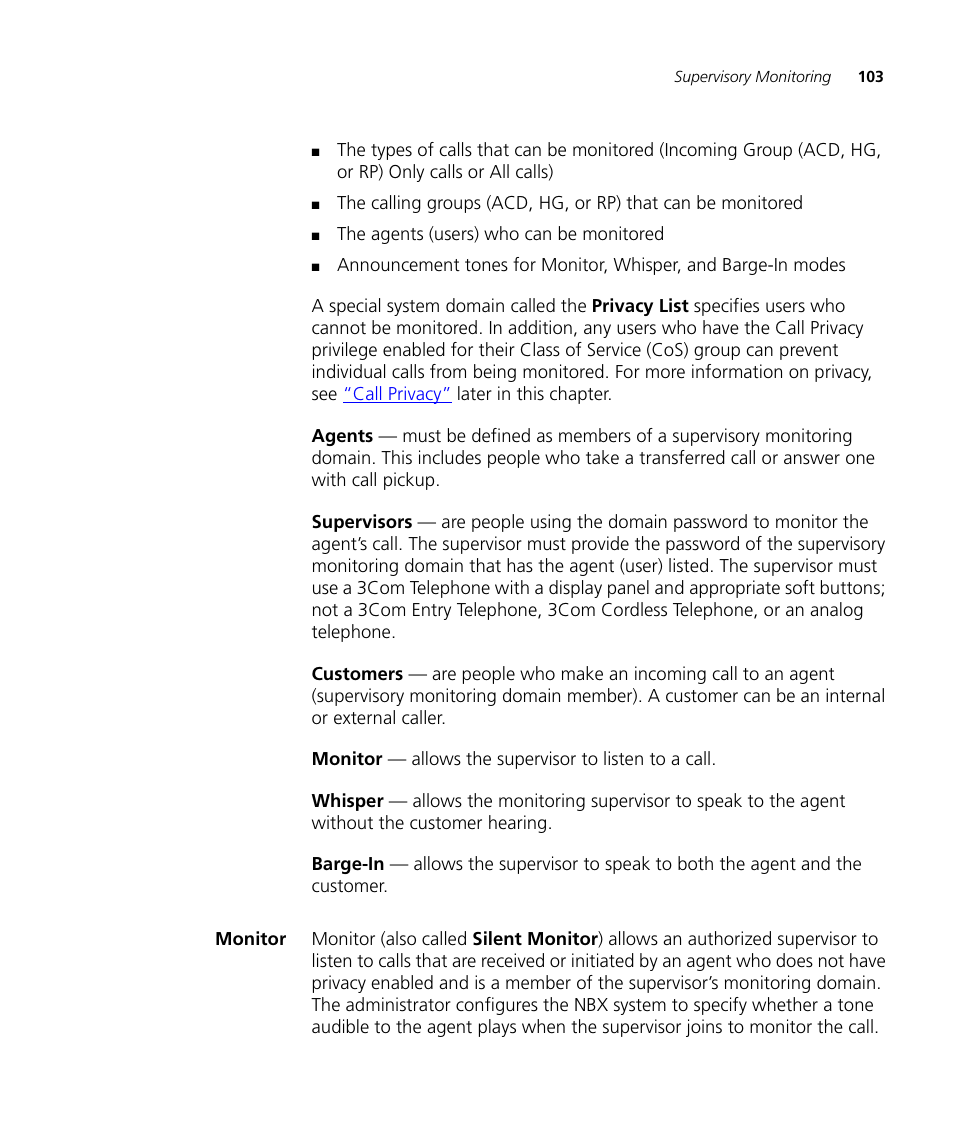 Monitor, Monitor 103 | 3Com NBX 3101SP User Manual | Page 103 / 154