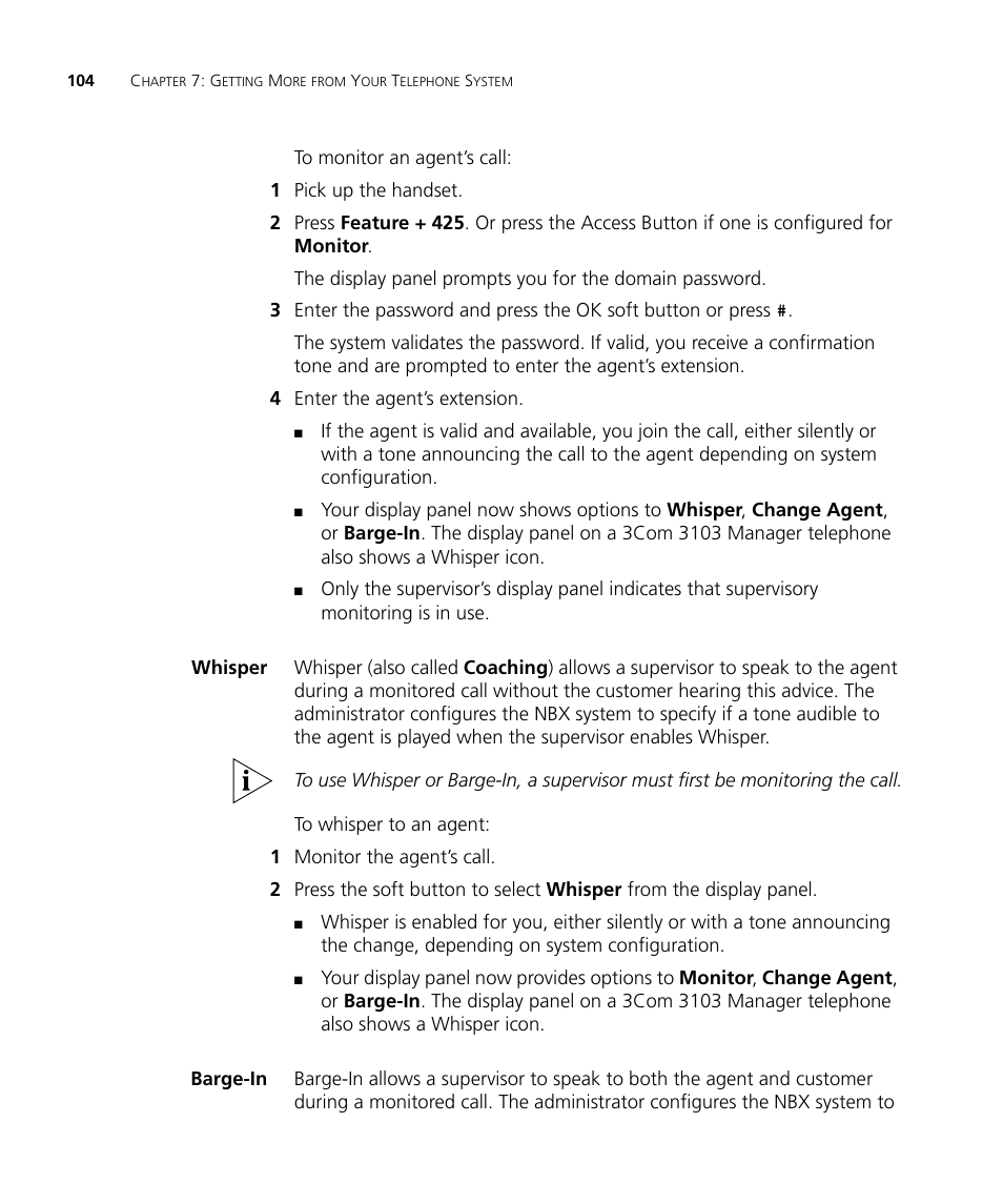 Whisper, Barge-in, Whisper 104 barge-in 104 | 3Com NBX 3101SP User Manual | Page 104 / 154