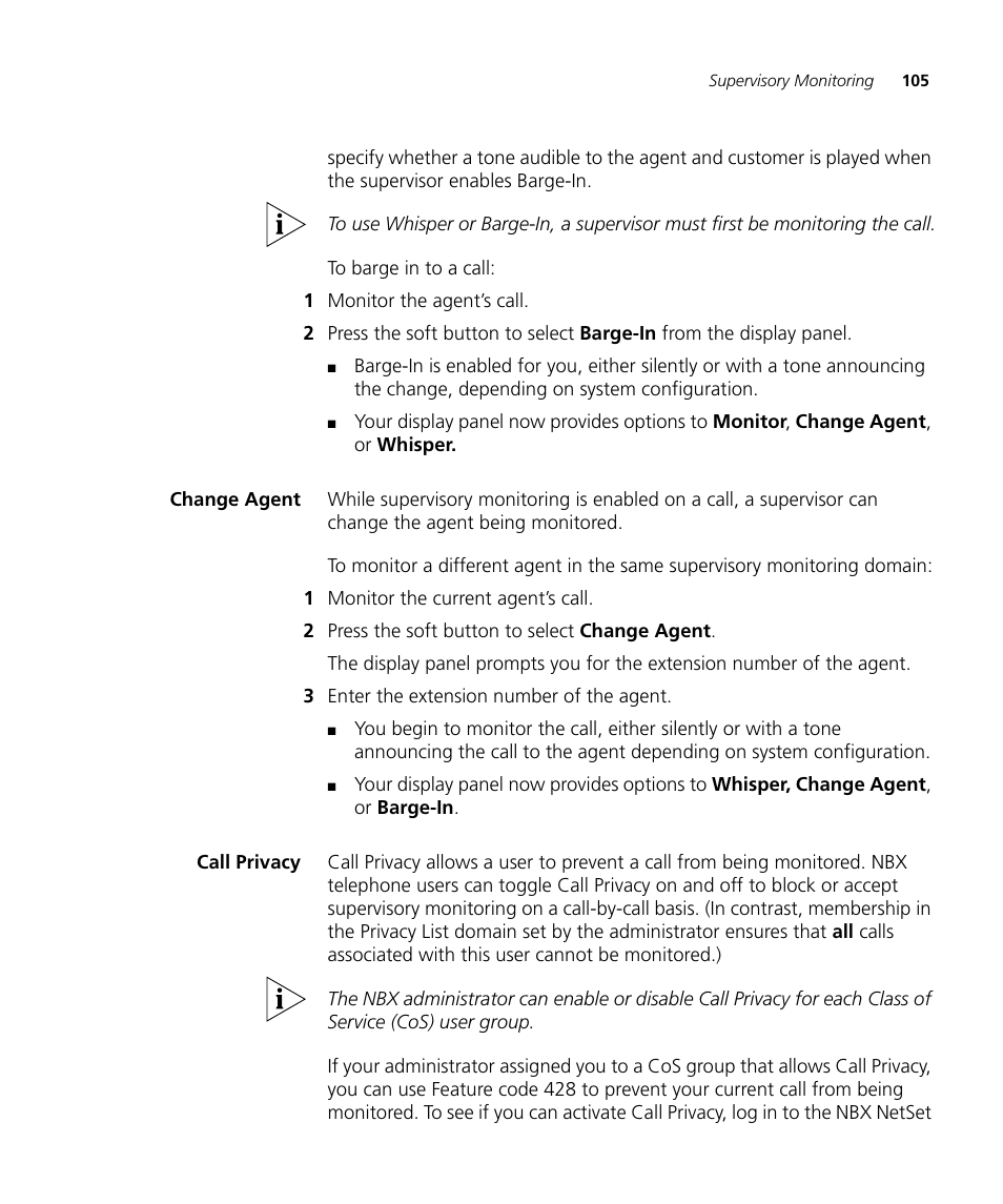 Change agent, Call privacy, Change agent 105 call privacy 105 | 3Com NBX 3101SP User Manual | Page 105 / 154