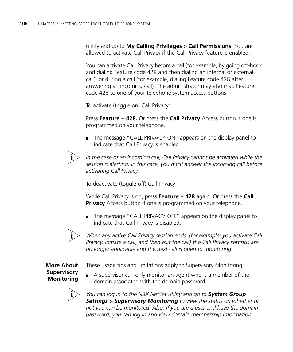More about supervisory monitoring, More about supervisory monitoring 106 | 3Com NBX 3101SP User Manual | Page 106 / 154