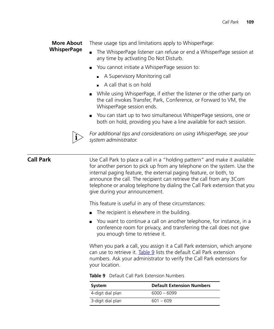 Call park, Call park 109, Call | Park, More, Later in this ch | 3Com NBX 3101SP User Manual | Page 109 / 154