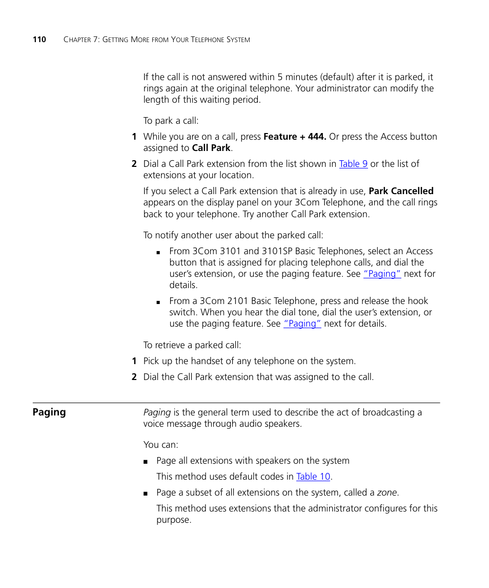 Paging, Paging 110 | 3Com NBX 3101SP User Manual | Page 110 / 154