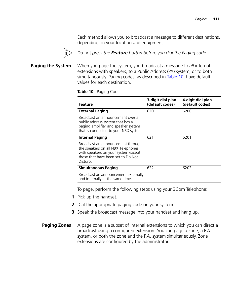 Paging the system, Paging zones, Paging the system 111 paging zones 111 | Table 10 | 3Com NBX 3101SP User Manual | Page 111 / 154