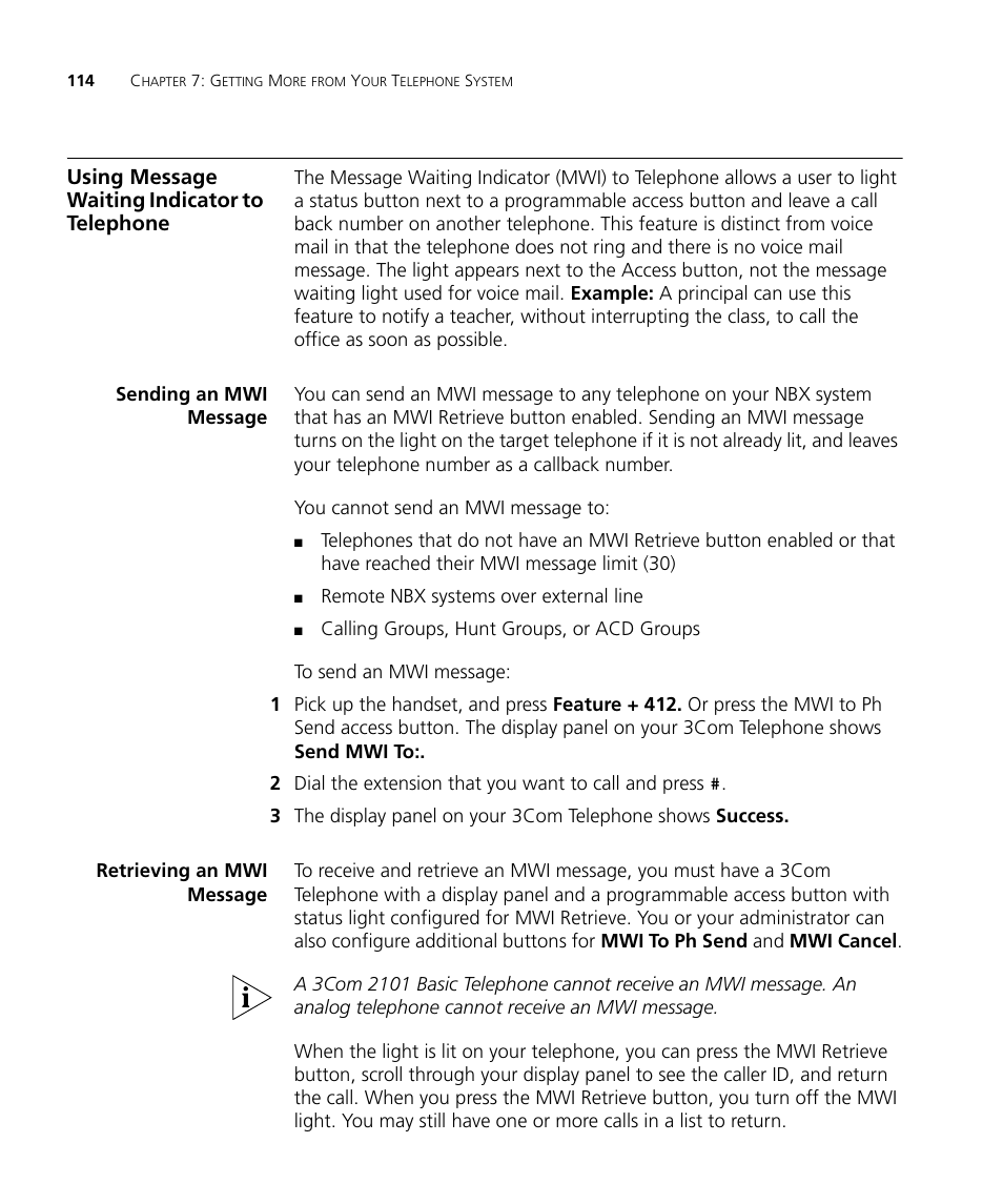 Using message waiting indicator to telephone, Sending an mwi message, Retrieving an mwi message | Using message waiting indicator to telephone 114, Using message waiting, Indicator to telephone | 3Com NBX 3101SP User Manual | Page 114 / 154