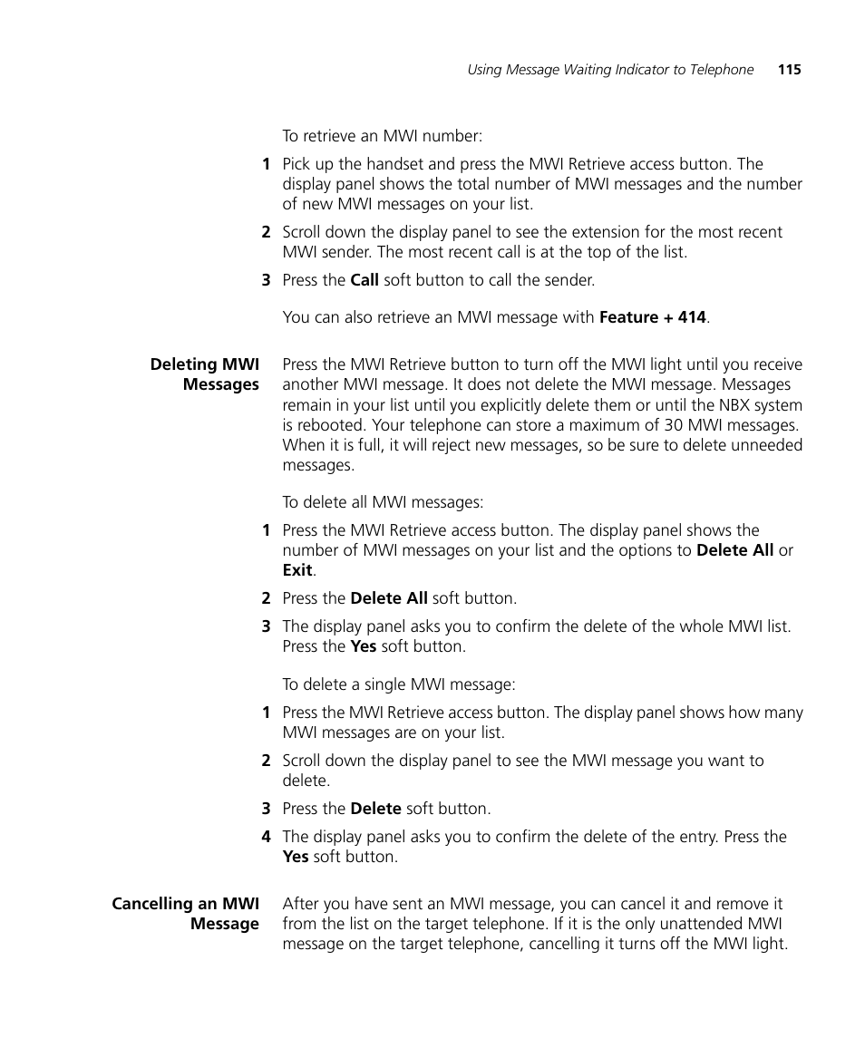 Deleting mwi messages, Cancelling an mwi message | 3Com NBX 3101SP User Manual | Page 115 / 154