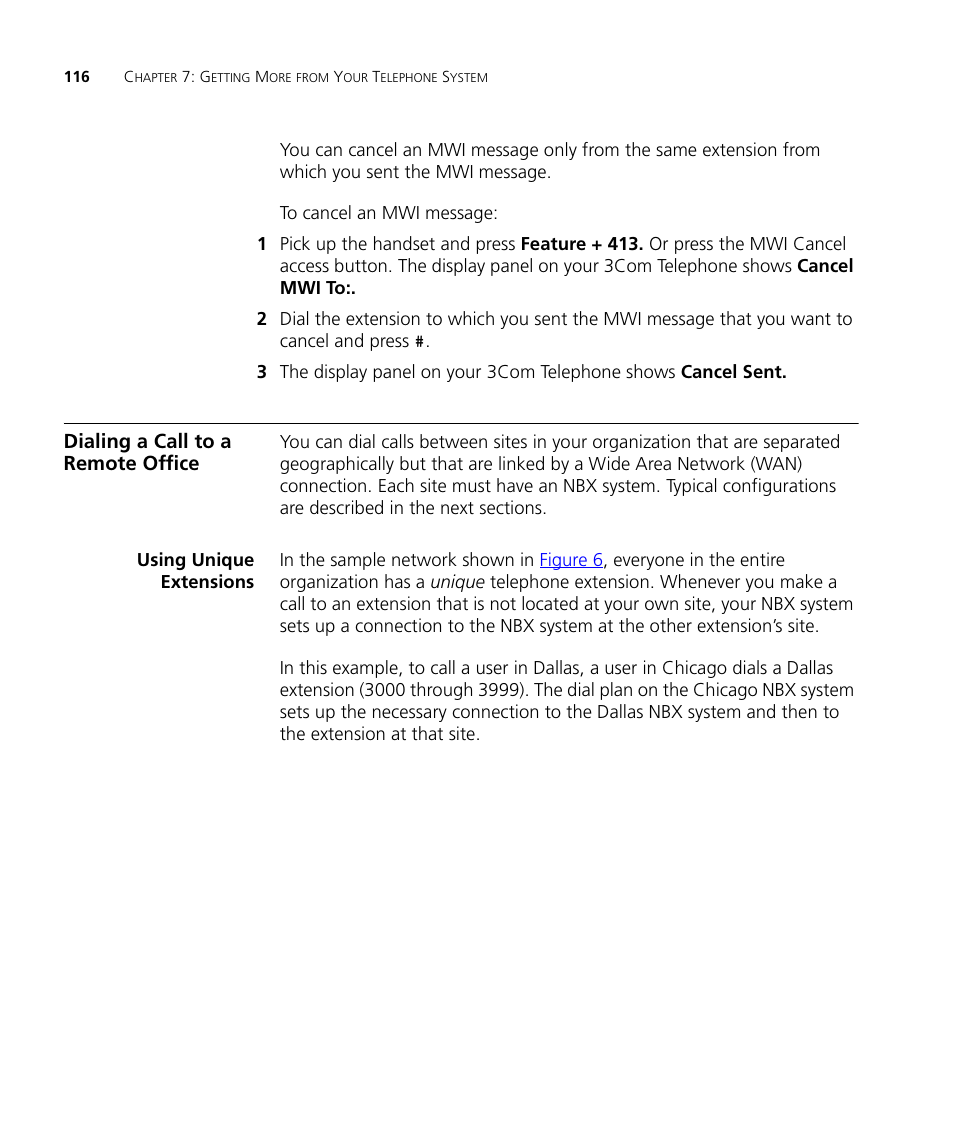 Dialing a call to a remote office, Using unique extensions, Dialing a call to a remote office 116 | Using unique extensions 116 | 3Com NBX 3101SP User Manual | Page 116 / 154