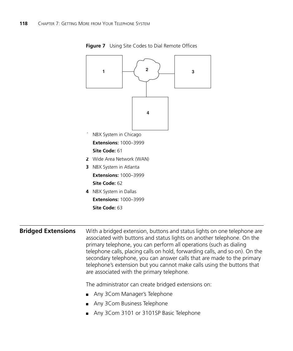 Bridged extensions, Bridged extensions 118, Any 3com manager’s telephone | Any 3com business telephone | 3Com NBX 3101SP User Manual | Page 118 / 154