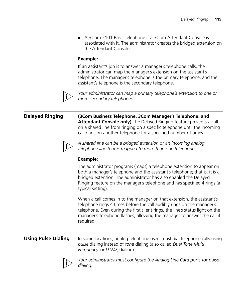 Delayed ringing, Using pulse dialing, Delayed ringing 119 using pulse dialing 119 | 3Com NBX 3101SP User Manual | Page 119 / 154