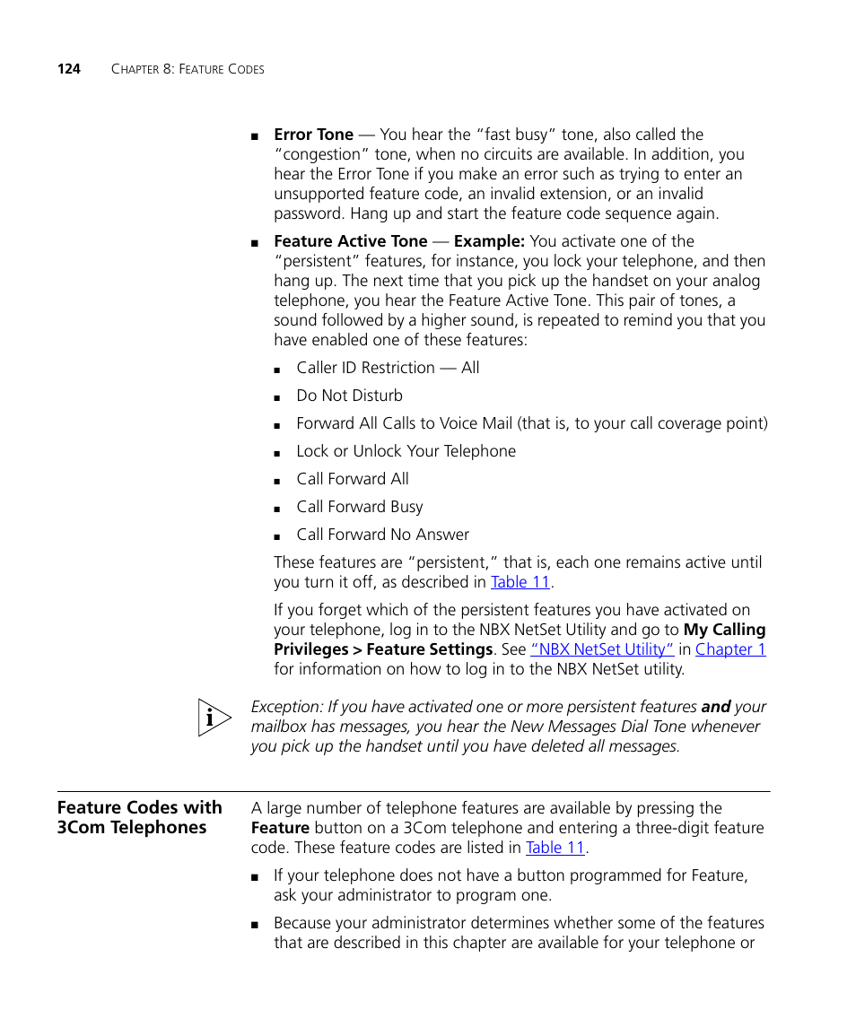 Feature codes with 3com telephones, Feature codes with 3com telephones 124 | 3Com NBX 3101SP User Manual | Page 124 / 154