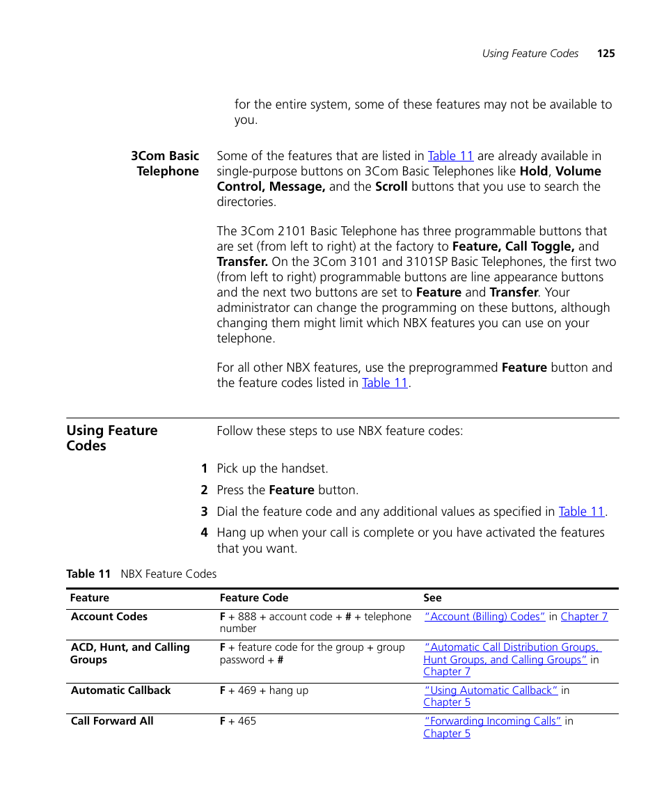 3com basic telephone, Using feature codes, 3com basic telephone 125 | Using feature codes 125, One. see, Using feature, Codes, Table 11 | 3Com NBX 3101SP User Manual | Page 125 / 154