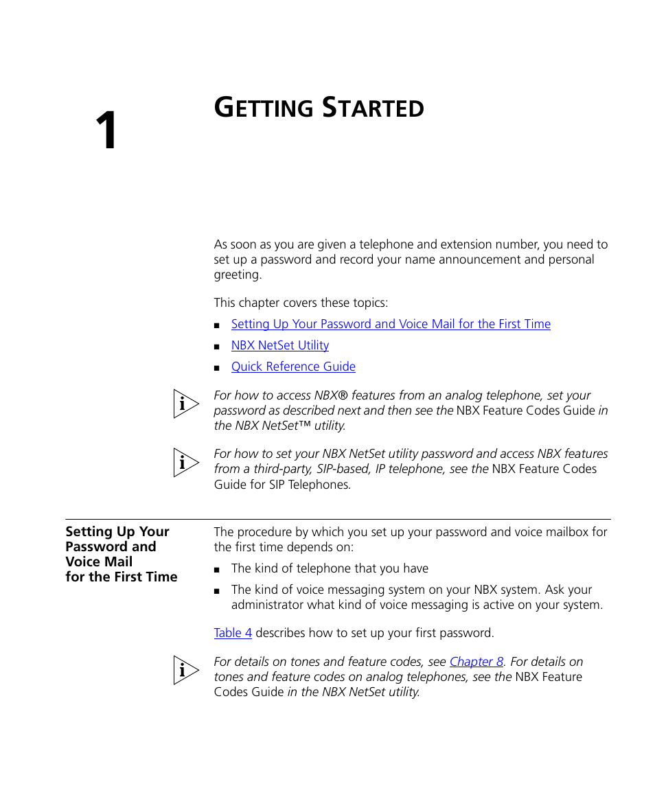 Getting started, Etting, Tarted | Chapter 1 | 3Com NBX 3101SP User Manual | Page 13 / 154