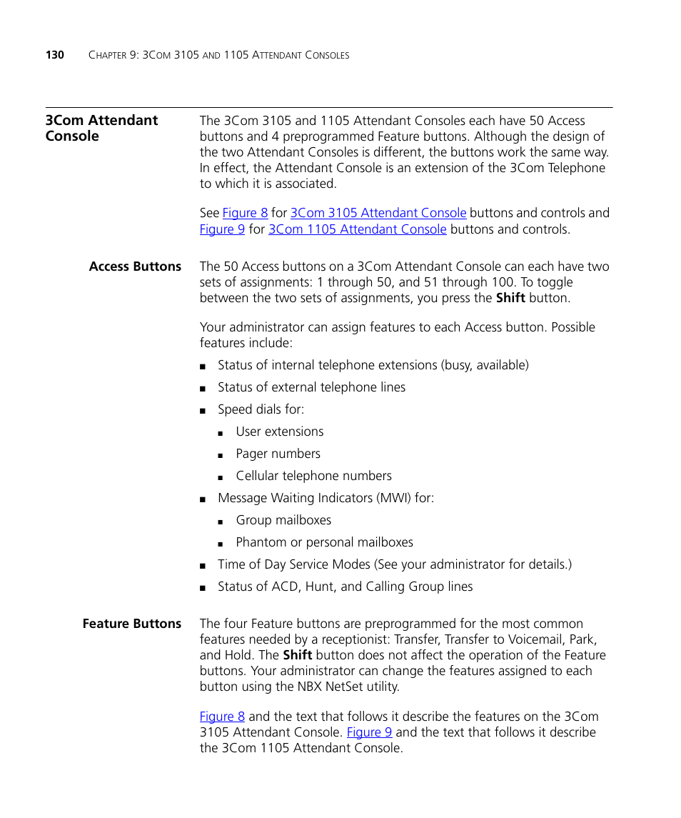 3com attendant console, Access buttons, Feature buttons | 3com attendant console 130, Access buttons 130 feature buttons 130 | 3Com NBX 3101SP User Manual | Page 130 / 154