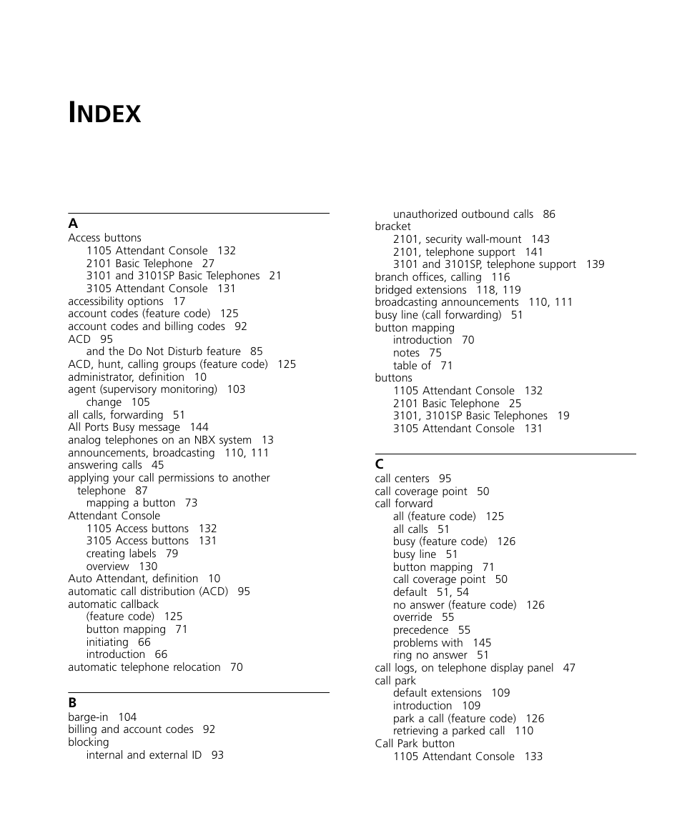 Index, Ndex | 3Com NBX 3101SP User Manual | Page 147 / 154