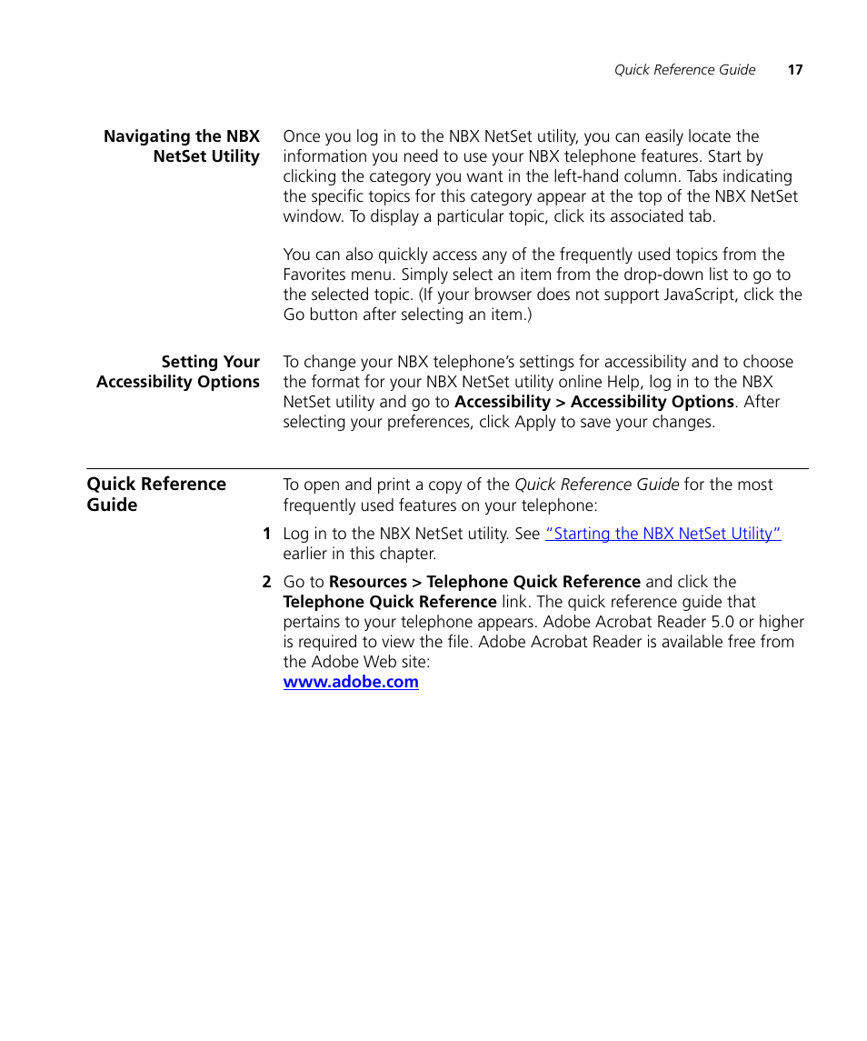 Navigating the nbx netset utility, Setting your accessibility options, Quick reference guide | Quick reference guide 17 | 3Com NBX 3101SP User Manual | Page 17 / 154