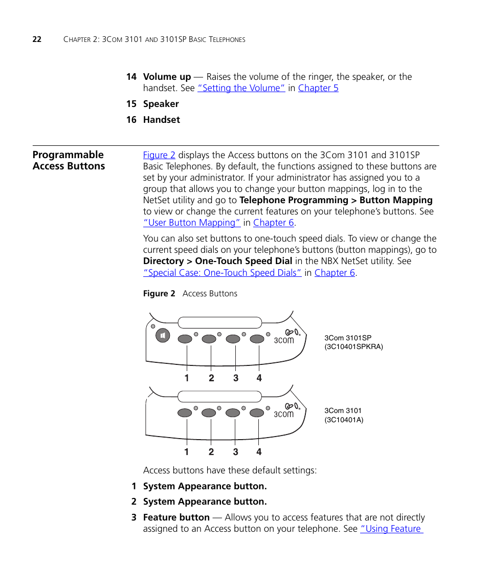 Programmable access buttons, Programmable access buttons 22 | 3Com NBX 3101SP User Manual | Page 22 / 154