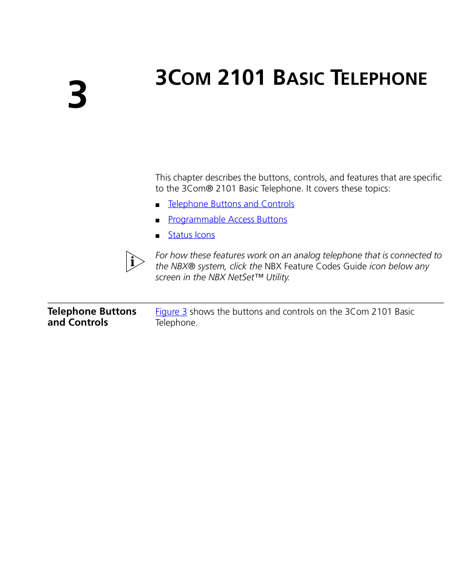 3com 2101 basic telephone, Telephone buttons and controls, 2101 b | Asic, Elephone, Telephone buttons and controls 25, Chapter 3 | 3Com NBX 3101SP User Manual | Page 25 / 154