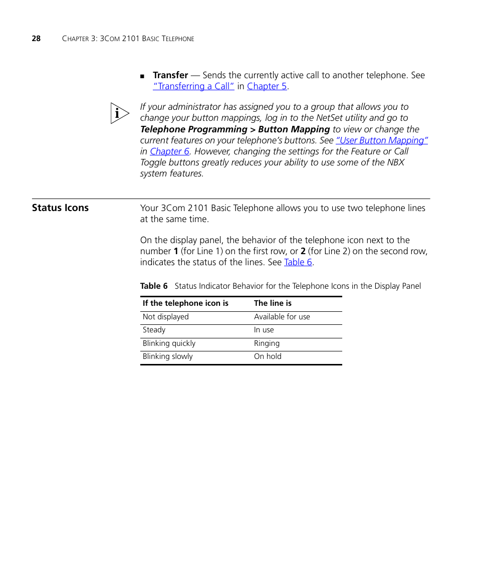 Status icons, Status icons 28, Us messages (see | Table 6 | 3Com NBX 3101SP User Manual | Page 28 / 154