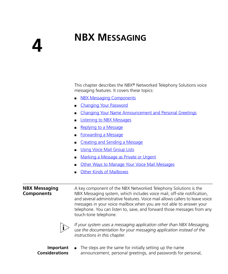 Nbx messaging, Nbx messaging components, Important considerations | Nbx m, Essaging, Nbx messaging components 29, Important considerations 29, Chapter 4 | 3Com NBX 3101SP User Manual | Page 29 / 154