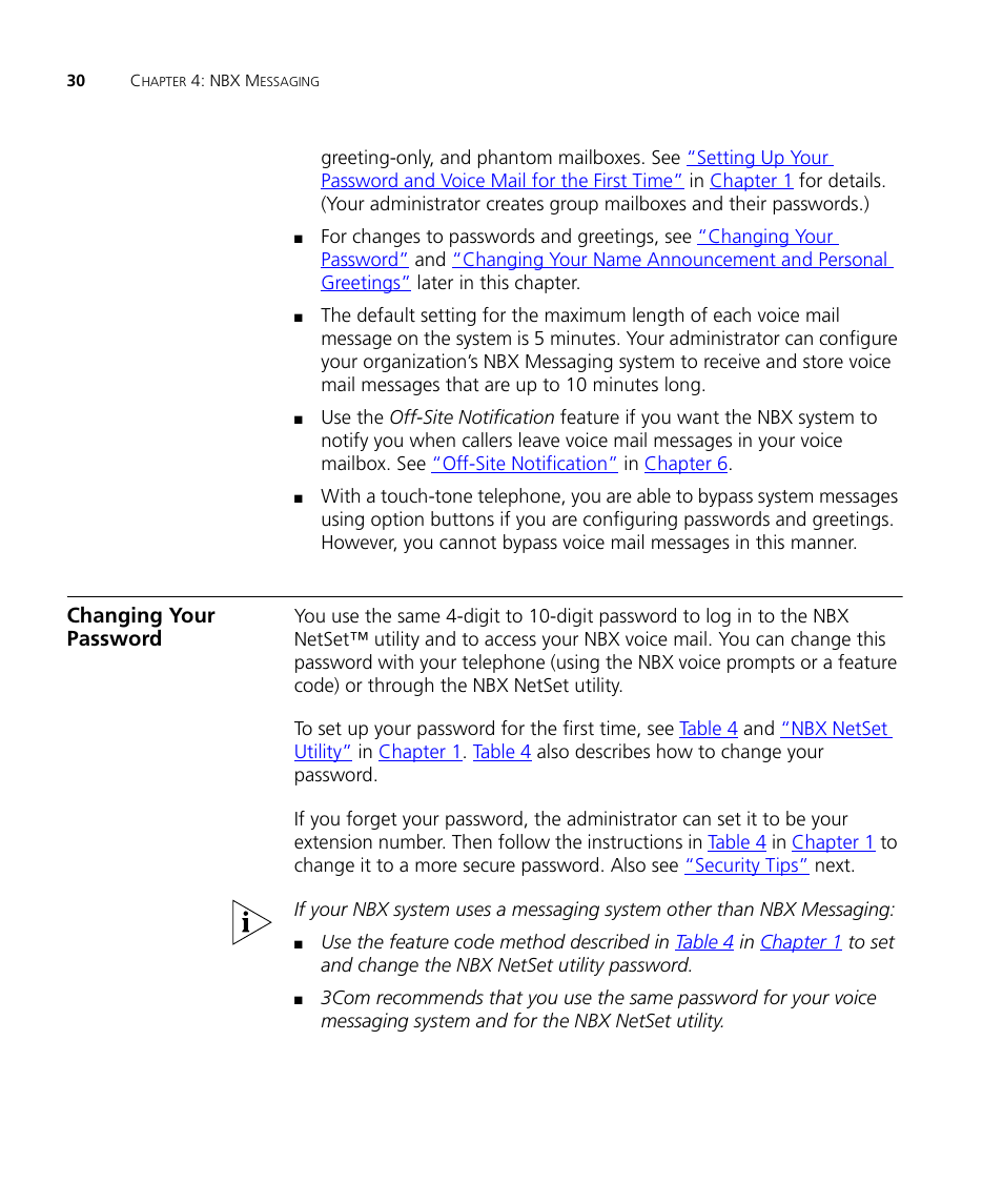 Changing your password, Changing your password 30 | 3Com NBX 3101SP User Manual | Page 30 / 154