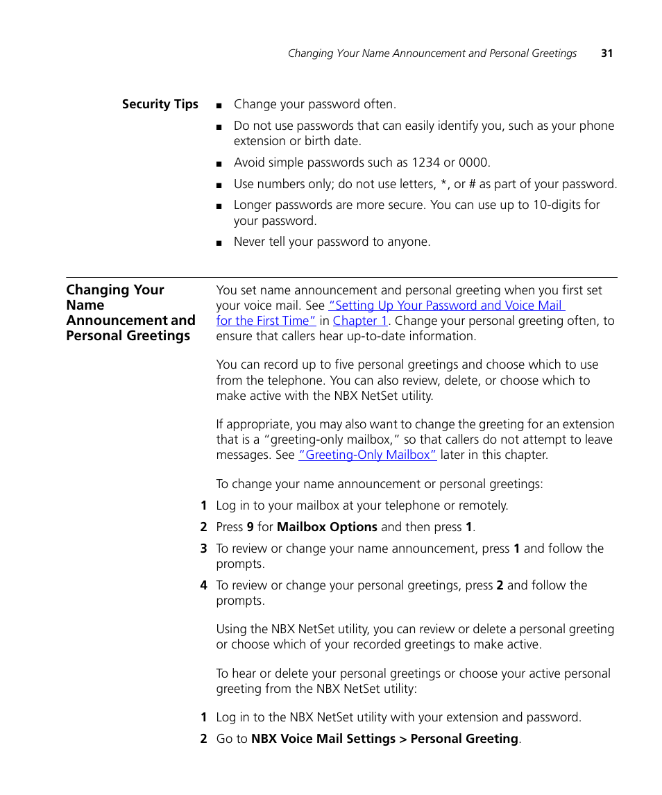 Security tips, Security tips 31, Is active. see | Changing your, Name announcement and personal greetings, Changing your name announcement and personal, Greetings, Next | 3Com NBX 3101SP User Manual | Page 31 / 154