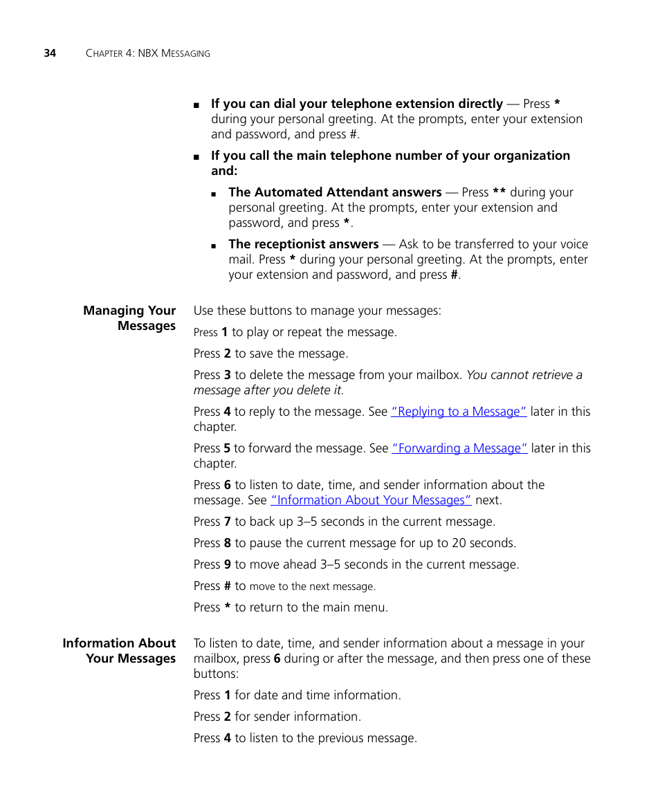 Managing your messages, Information about your messages | 3Com NBX 3101SP User Manual | Page 34 / 154