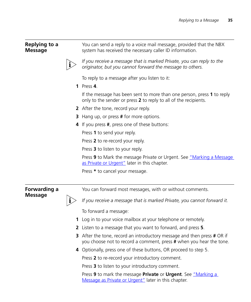 Replying to a message, Forwarding a message, Replying to a message 35 forwarding a message 35 | 3Com NBX 3101SP User Manual | Page 35 / 154