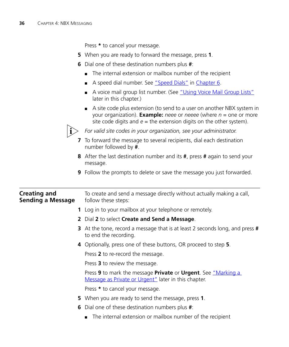 Creating and sending a message, Creating and sending a message 36 | 3Com NBX 3101SP User Manual | Page 36 / 154