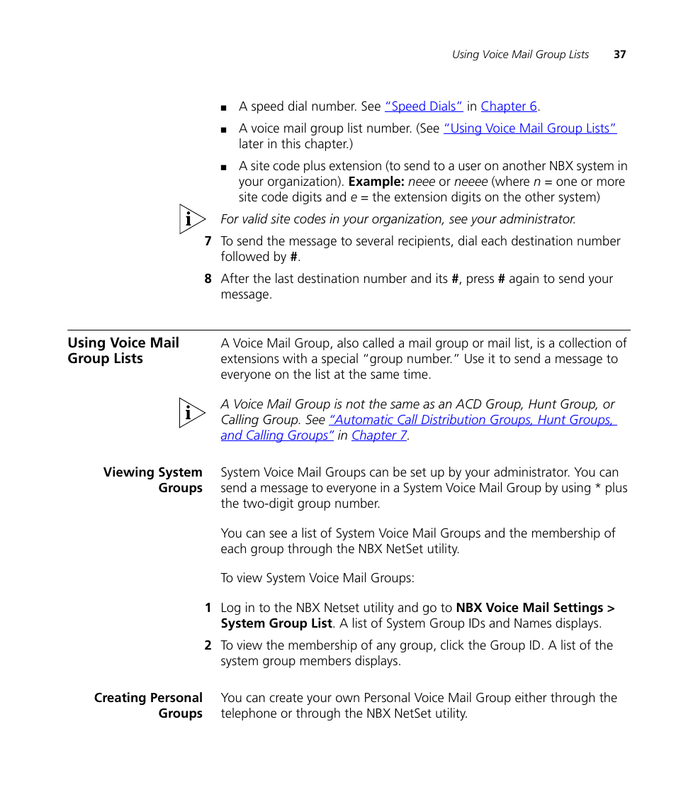 Using voice mail group lists, Viewing system groups, Creating personal groups | Using voice mail group lists 37 | 3Com NBX 3101SP User Manual | Page 37 / 154