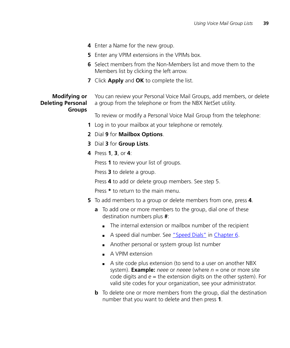 Modifying or deleting personal groups, Modifying or deleting personal groups 39 | 3Com NBX 3101SP User Manual | Page 39 / 154