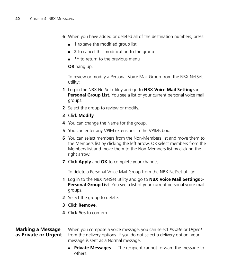 Marking a message as private or urgent, Marking a message as private or urgent 40, Marking a message | As private or urgent, Later in, Marking a, Message as private or urgent, Later in this ch | 3Com NBX 3101SP User Manual | Page 40 / 154