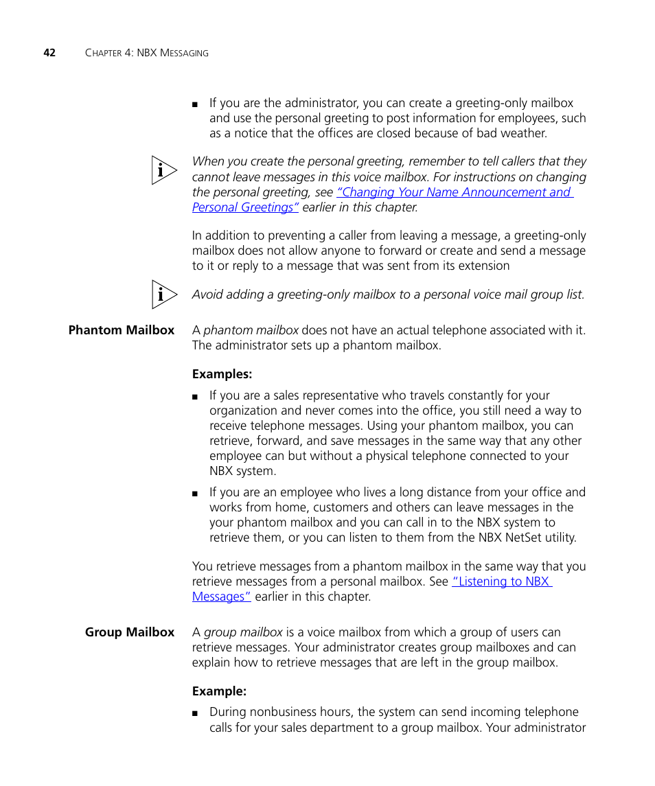 Phantom mailbox, Group mailbox, Phantom mailbox 42 group mailbox 42 | 3Com NBX 3101SP User Manual | Page 42 / 154