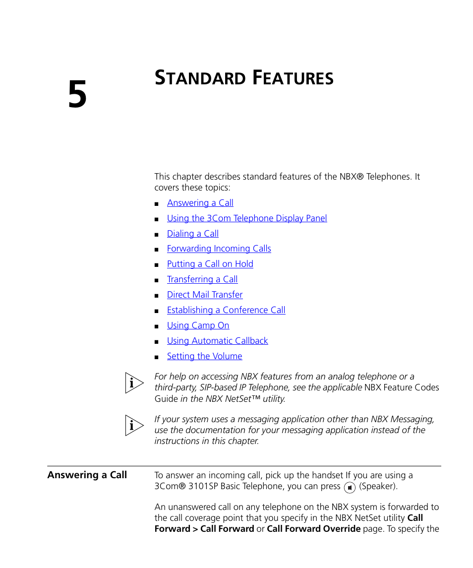 Standard features, Answering a call, Tandard | Eatures, Answering a call 45, Chapter 5, The butt | 3Com NBX 3101SP User Manual | Page 45 / 154