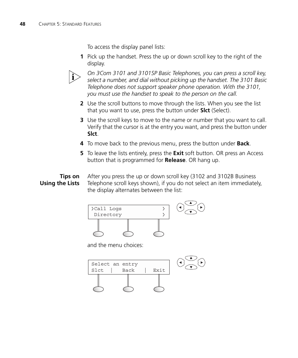 Tips on using the lists, Tips on using the lists 48 | 3Com NBX 3101SP User Manual | Page 48 / 154