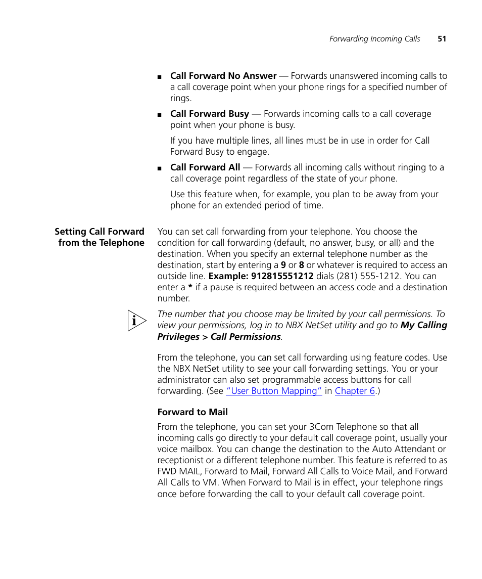 Setting call forward from the telephone, Setting call forward from the telephone 51 | 3Com NBX 3101SP User Manual | Page 51 / 154