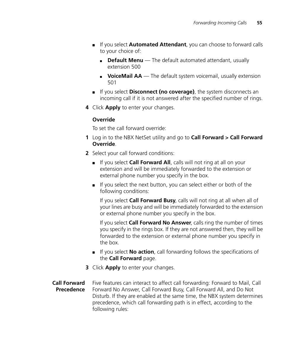 Call forward precedence, Call forward precedence 55 | 3Com NBX 3101SP User Manual | Page 55 / 154