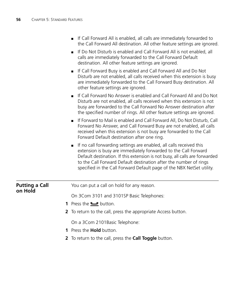 Putting a call on hold, Putting a call on hold 56 | 3Com NBX 3101SP User Manual | Page 56 / 154