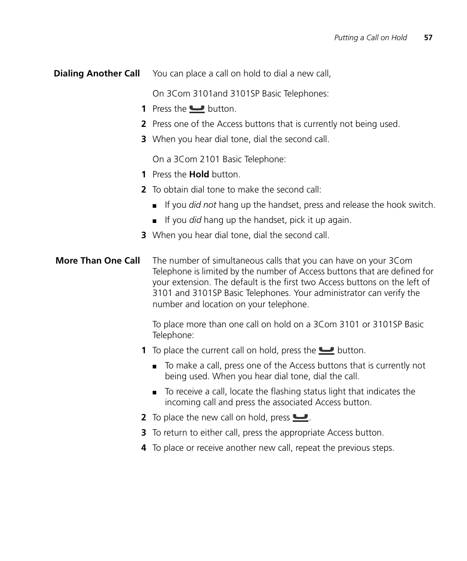 Dialing another call, More than one call, Dialing another call 57 more than one call 57 | 3Com NBX 3101SP User Manual | Page 57 / 154