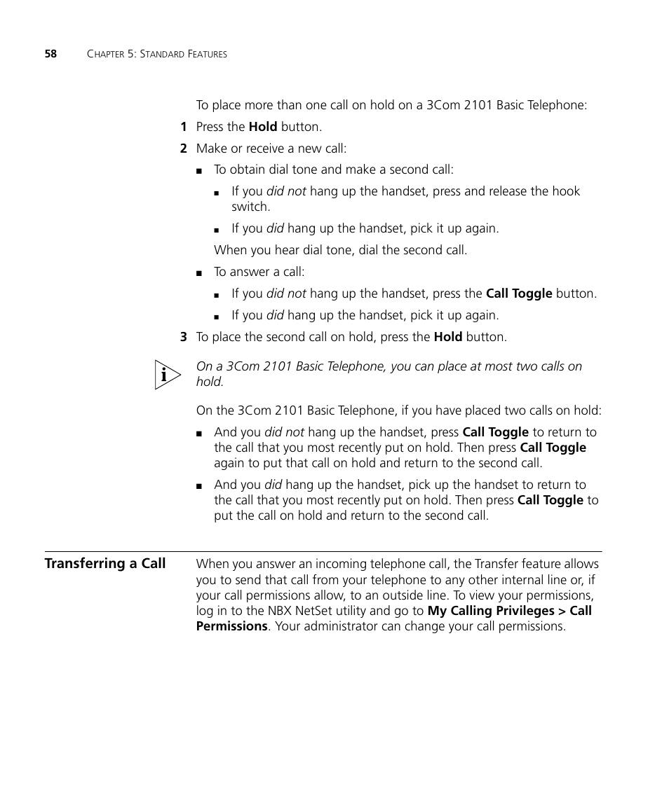 Transferring a call, Transferring a call 58 | 3Com NBX 3101SP User Manual | Page 58 / 154