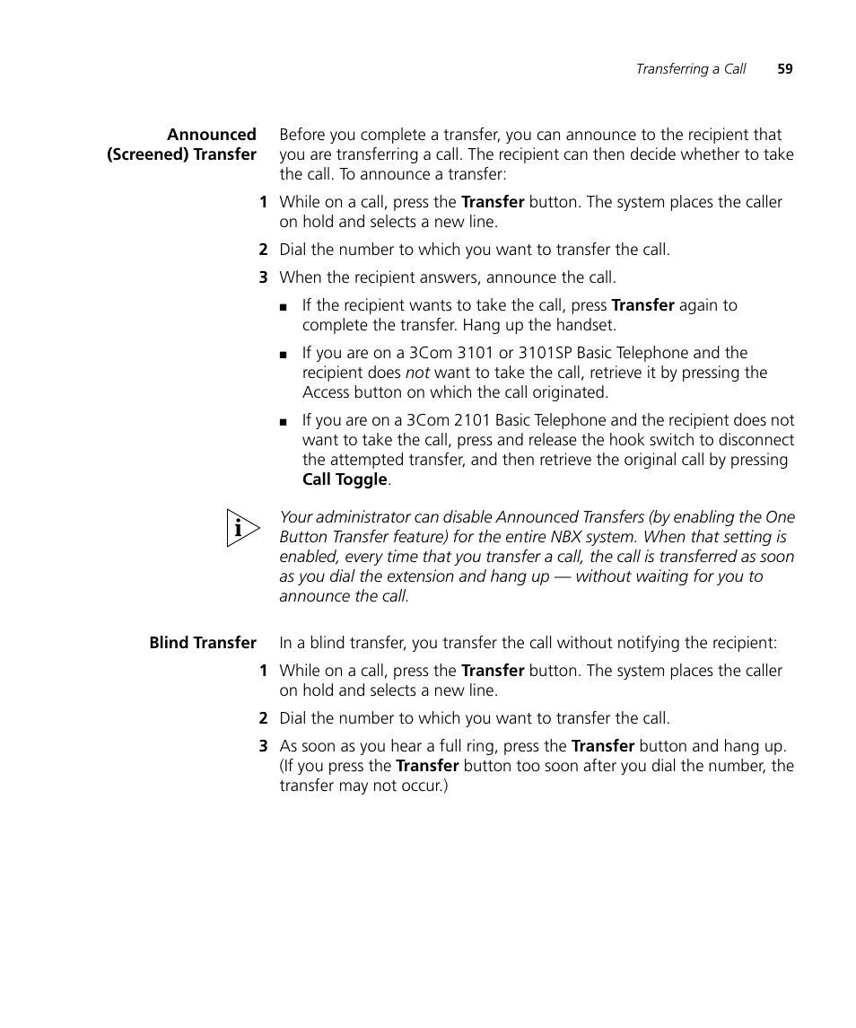 Announced (screened) transfer, Blind transfer, Announced (screened) transfer 59 blind transfer 59 | 3Com NBX 3101SP User Manual | Page 59 / 154