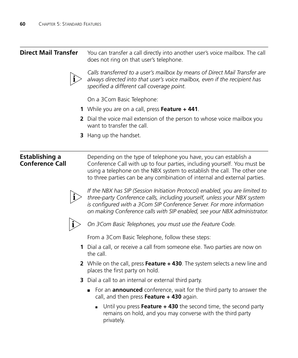 Direct mail transfer, Establishing a conference call | 3Com NBX 3101SP User Manual | Page 60 / 154