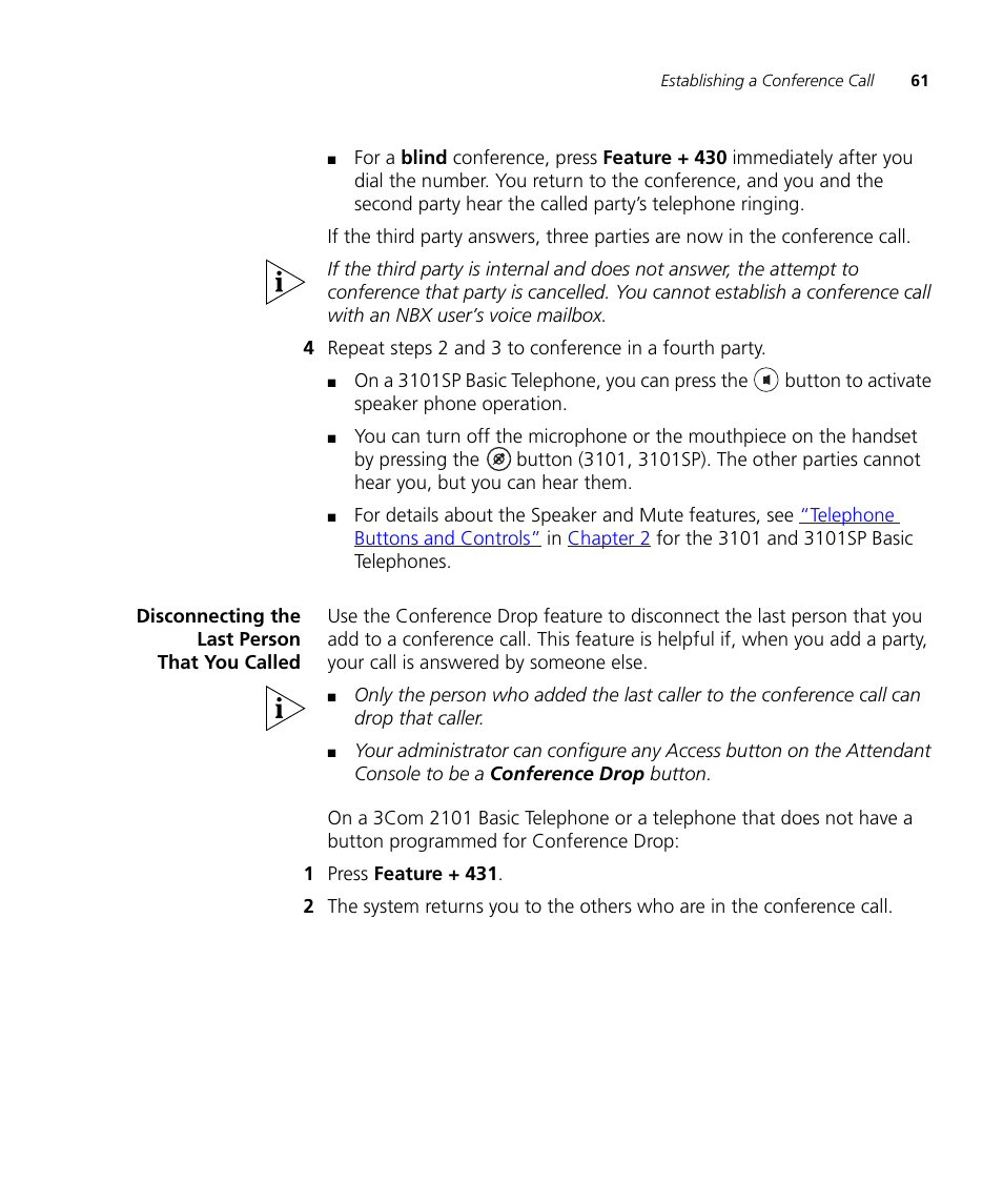 Disconnecting the last person that you called, Disconnecting the last person that you called 61 | 3Com NBX 3101SP User Manual | Page 61 / 154
