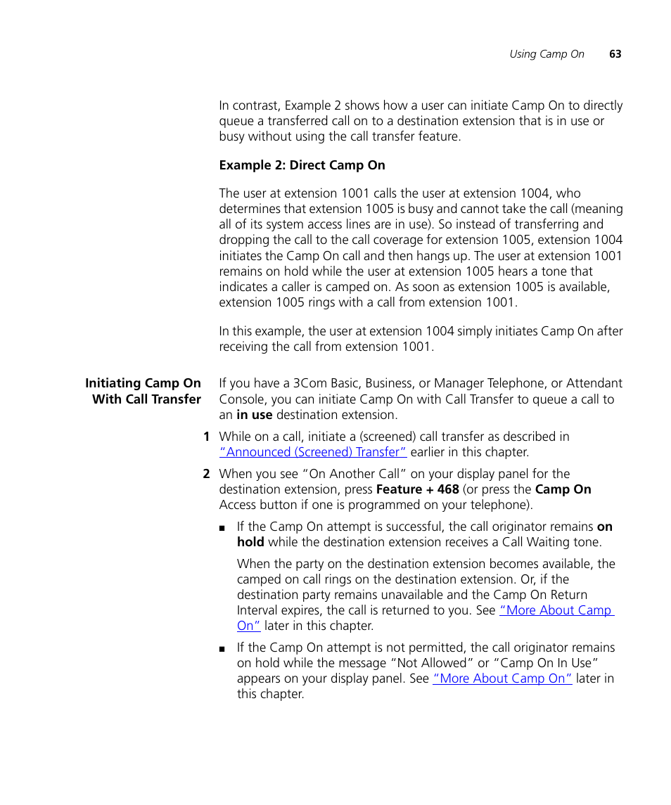 Initiating camp on with call transfer, Initiating camp on with call transfer 63 | 3Com NBX 3101SP User Manual | Page 63 / 154
