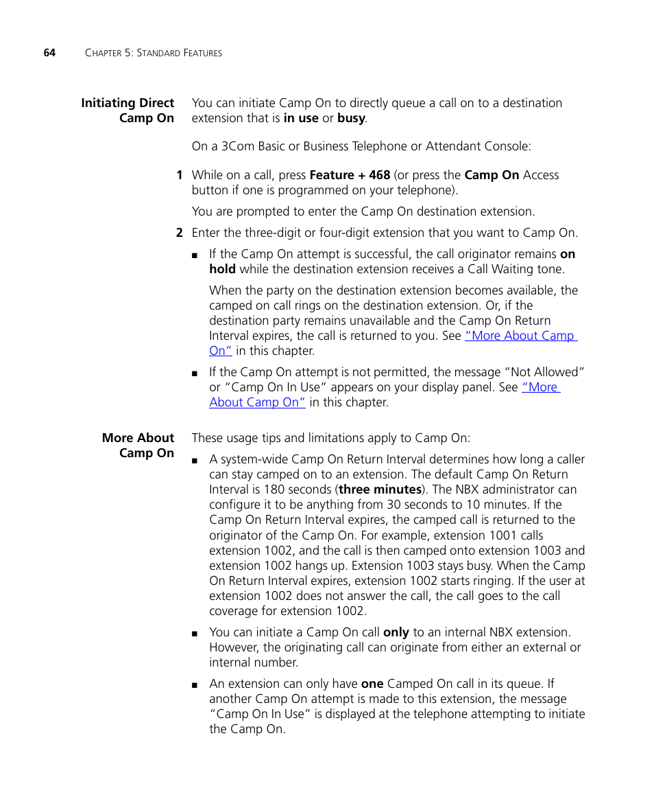 Initiating direct camp on, More about camp on, Initiating direct | Camp on 64 more about, Camp on 64, More about camp, Nel. see, Later in | 3Com NBX 3101SP User Manual | Page 64 / 154